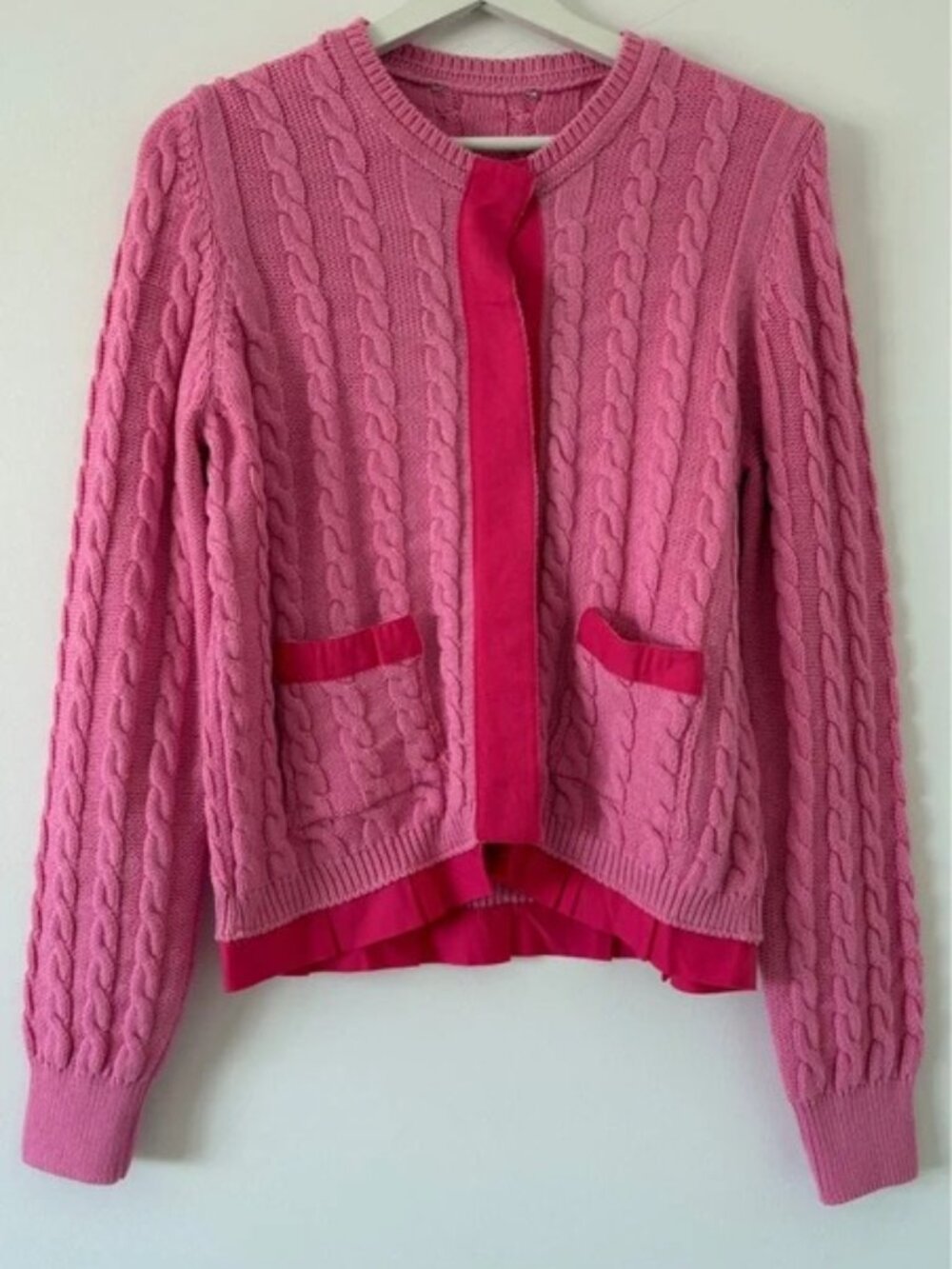 Pink Cable Knit Cardigan with Contrast Trim, Women’s, Size L